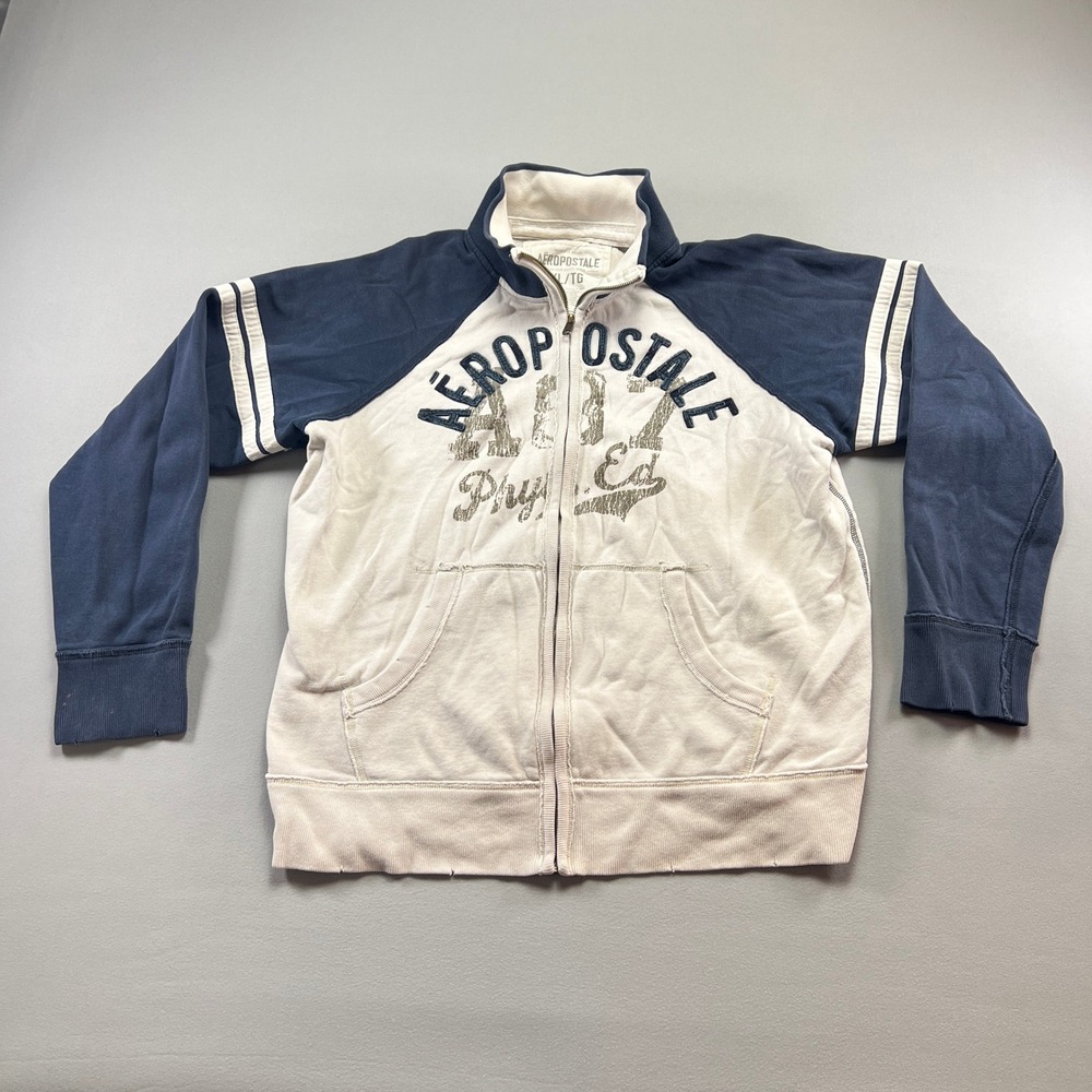 Aeropostale 1987 Track Jacket Mens XL Beige Blue Fleece Lined Graphic Full Zip